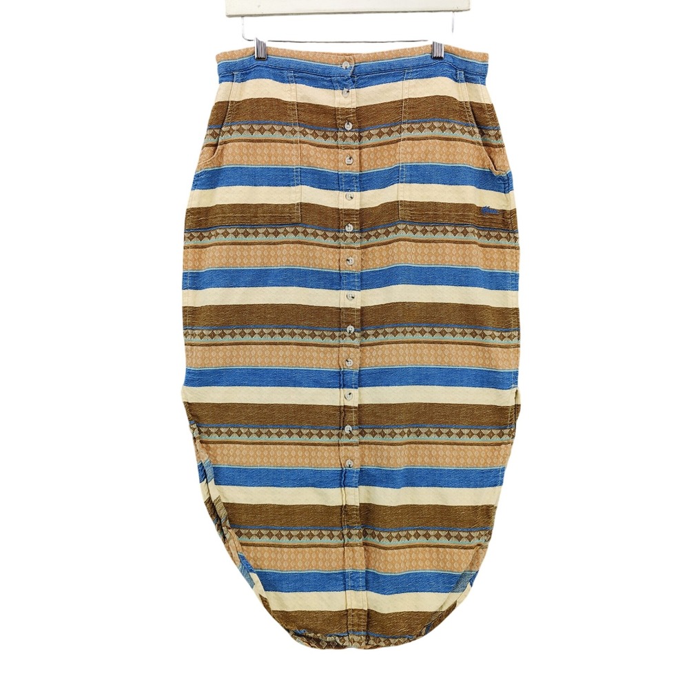 KAVU Womens Medium Striped Button Front Maxi Skirt Cotton Bohemian Aztec Granola